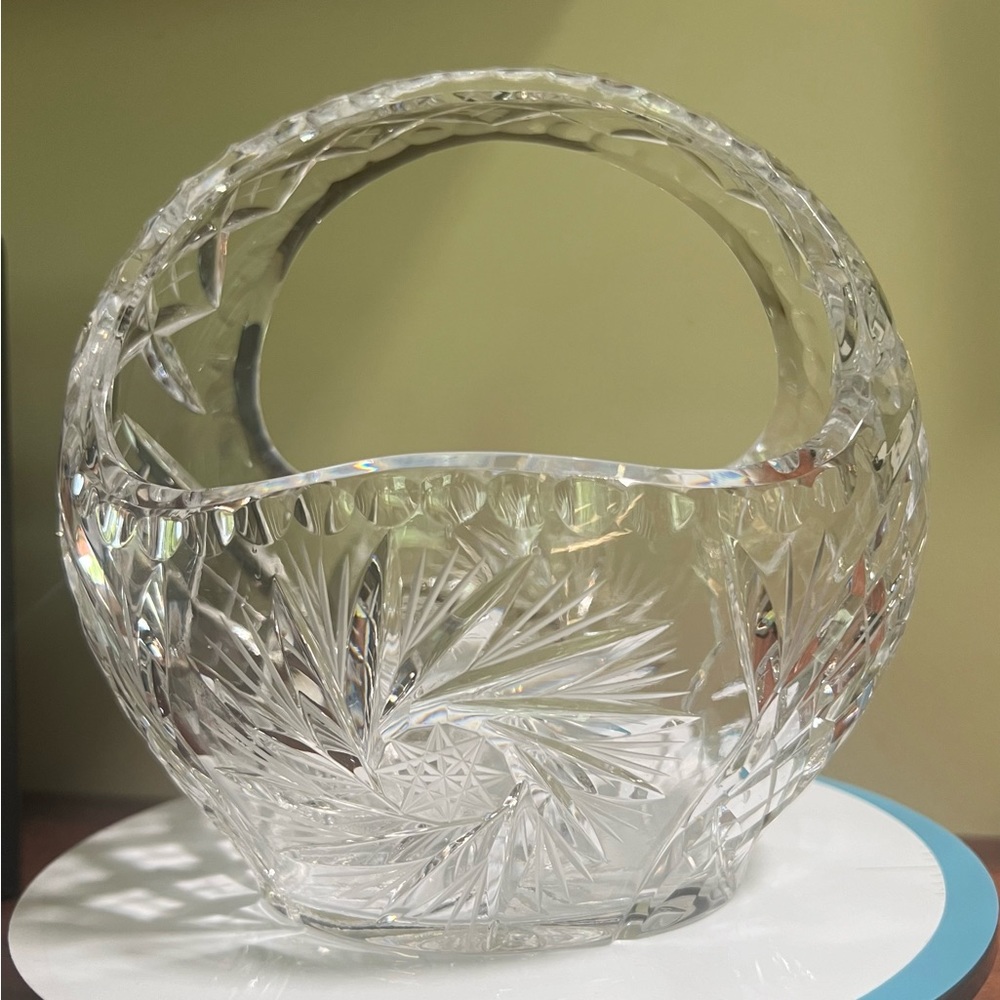 Czechoslovakian Hand Cut Lead Crystal Glass Basket 7 x 7 inches